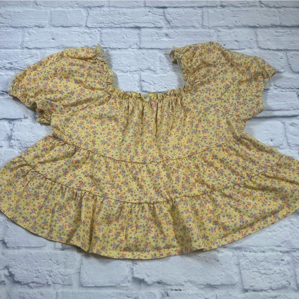 Love Fire Cottagecore Yellow Floral,Puff Sleeve,Ruffled Cotton, Romantic Top. L